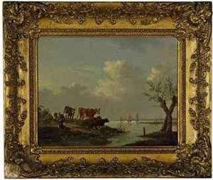 A Drover And Cattle On A Riverbank by Johannes Christian Janson