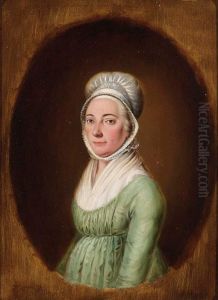 A Portrait Of A Young Lady, Standing Three-quarter Length, Wearing A Green Dress And A White Lace Hairdress, In A Painted Oval by Johannes Christian Janson
