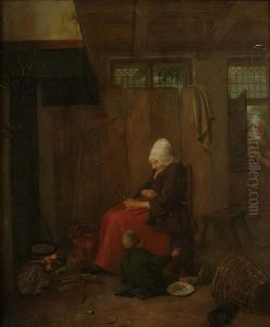 An Interior With Elderly Lady And A Young Boy Seated Before A Fire by Johannes Christian Janson
