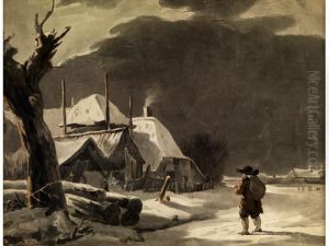 Bauer Vor Hutten In Verschneiter Landschaft by Johannes, Jacobus Janson