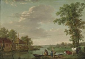 A River Landscape With Figures By An Embankment by Johannes, Jacobus Janson