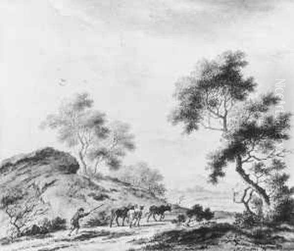 Baumbestandene Landschaft Mit Einem Viehtreiber. - view 1
