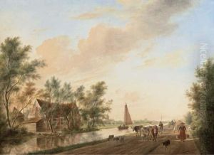 A River Landscape With A Drover And His Cattle, A Horse And Wagonand Other Figures On A Track