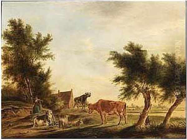 A Landscape With Cows And Sheep In A Meadow And A Milkmaid And A Farm Nearby - view 1