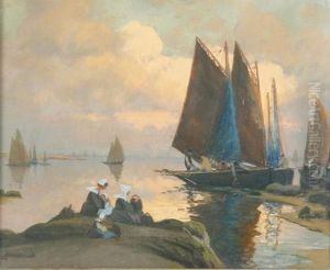 Heimkehrendefischerboote In Einem Bretonischen Hafenstadtchen by Mathurin Janssaud