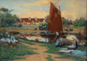 Lavandieres Et Pecheurs En Barque by Mathurin Janssaud