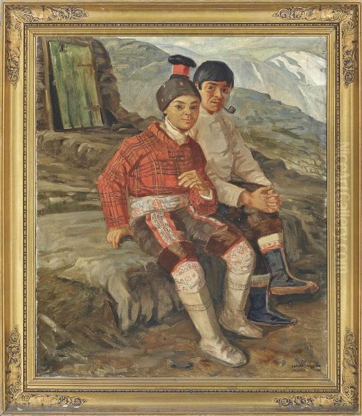 Two Inuits In A Rocky Landscape Near Upernivik - view 1