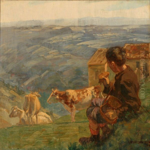 Mountain Landscapw With A Young Herdsman Eating Lunch While The Cattle Is Grazing - view 1
