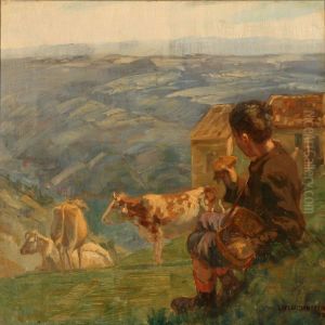 Mountain Landscapw With A Young Herdsman Eating Lunch While The Cattle Is Grazing