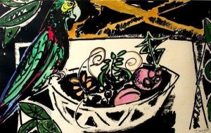 Stilleben Mit Papagei Auf Obstschale by Peter Janssen