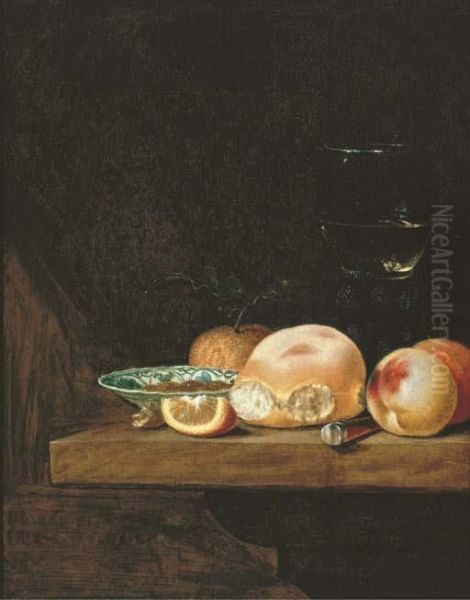 A Bread Roll, Peaches, An Orange, A Lemon Segment, A Porcelain Dishwith Nuts, A Knife And A Roemer On A Ledge - view 1