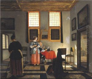 Interior Scene With Figures Seated At A Table by Pieter Janssens Elinga