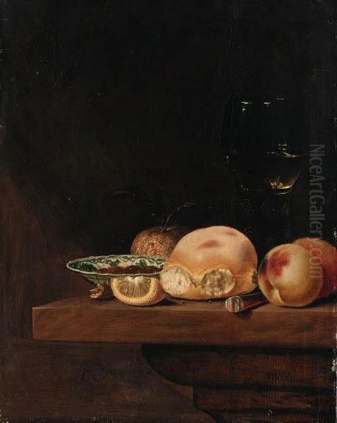 A Bread Roll, Peaches, An Orange, A Lemon Segment, A Porcelain Dishwith Nuts, A Knife And A Roemer On A Shelf - view 1