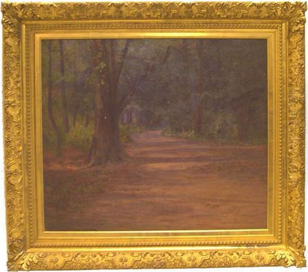 Dim Forest Path, Relined, Some Inpainting, Small Area Of Paint Loss With In Tree Trunk - view 1