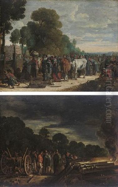 Earth: Elegant Figures At A Vegetable And Cattle Market; And Fire: Soldiers Assembled Around A Carriage With Canons Firing - view 1