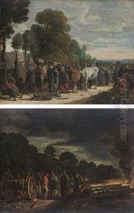 Earth: Elegant Figures At A Vegetable And Cattle Market; And Fire: Soldiers Assembled Around A Carriage With Canons Firing