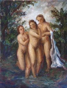 Jindrich, Janus: Three Female Nudes, 1943. Oil On Cardboard. Signed And Dated by Jindrich Janus