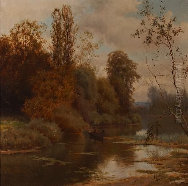 A River Scene With A Figure In A Rowboat - view 1