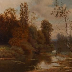 A River Scene With A Figure In A Rowboat