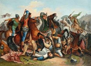 < Choc De Cavalerie A La Bataille Au Marchfeld Entre Lestroupes De Rodolphe De Habsbourg Et Du Roi De Boheme Ottokarii >. by Karl Jauslin
