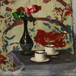 Still Life With Two Cups And A Vase With A Rose On Atable by Pal Javor