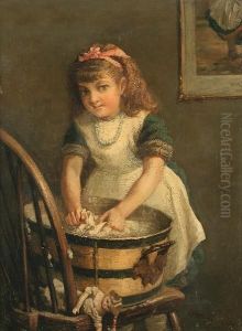 A Young Girl At A Washtub With Doll A Young Girl At A Washtub With Doll