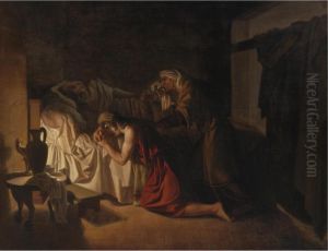 A Classical Scene With Two Figures At The Bedside Of An Old Man by Jean Jacques Augustin Raymond Aubert