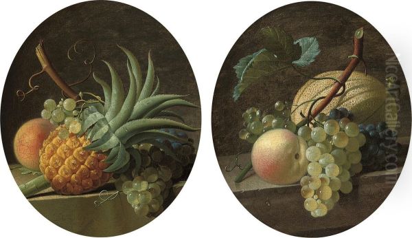 A Pineapple, Grapes, And A Peach On A Stone Ledge; And A Melon,grapes, And A Peach On A Stone Ledge - view 1