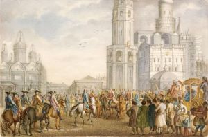 An Imperial Procession Inside The Kremlin With The Ivan The Terrible Belfry And The Cathedral Of The Assumption Beyond by Jean Louis de Veilly
