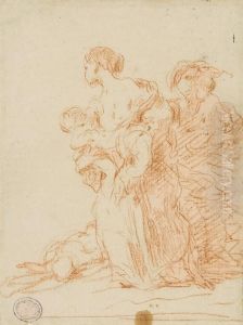 Frau Nach Links, Mit Kind Auf Dem Arm, Mit Einer Figur Im Hintergrund by Michel Moreau Jean