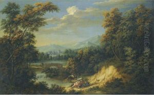 An Extensive Wooded River Landscape With Figures Resting In Theforeground, Travellers Approaching A Walled City Beyond