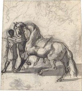 A Groom With Two Horses by Gricault Jean-Louis-Andr-Thodore