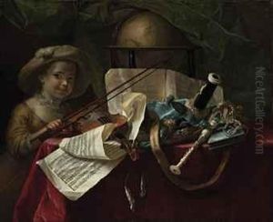 A Young Girl With A Violin, Other Instruments And A Musical Scoreon A Draped Table by Nicolas Henry Jeaurat De Bertry