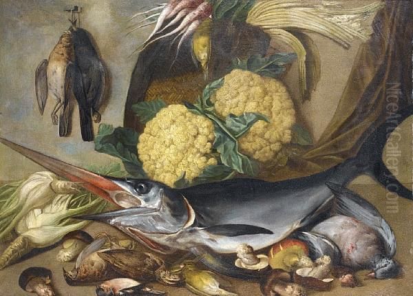 A Swordfish With Dead Birds And Mushrooms On A Table-top Before A Basket Filled With Cauliflowers And Other Vegetables - view 1