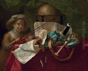 A Young Girl With A Violin, Other Instruments And A Musical Score On A Draped Table by Nicolas Henry Jeaurat De Bertry