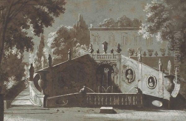 Un Jardin A L'italienne Avec Une Fontaine Monumentale Et Une Villa A L'arriere-plan - view 1