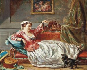 A Lady In Her Boudoir With A Dog by Etienne Jeaurat