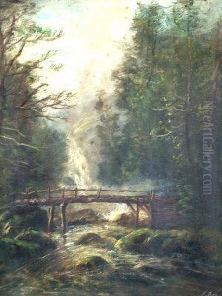 Waterfall With Wooden Bridge In A Wooded Mountain Landscape - view 1
