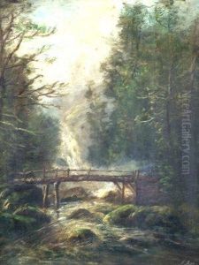 Waterfall With Wooden Bridge In A Wooded Mountain Landscape by Joseph Jefferson