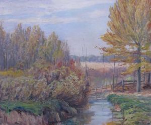 Autumn Landscape With Creek And Fence