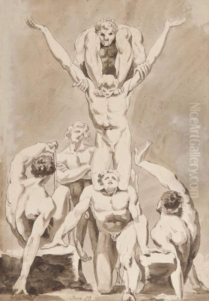 The Master Of The Giants An Heroic Or Acrobatic Figure Group, Pen And Ink With Monochrome Ink Wash, Dated June '79 Lower Centre, 56.5 X 38cm , Exhibition Label Of Roland, Browse & Delbanco On Backboard. *** The Exhibition Label Cites The Artist As Simply - view 1