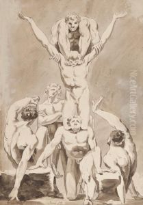 The Master Of The Giants An Heroic Or Acrobatic Figure Group, Pen And Ink With Monochrome Ink Wash, Dated June '79 Lower Centre, 56.5 X 38cm , Exhibition Label Of Roland, Browse & Delbanco On Backboard. *** The Exhibition Label Cites The Artist As Simply by James Jefferys