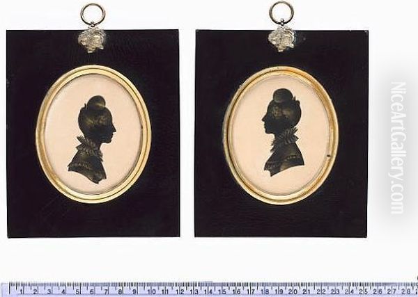 A Pair Of Silhouettes Of Ladies, Probably Sisters, Both Wearing Dresses With Falling Frilled Collars And High Frilled Collars, Their Hair Worn In Apollo Knots And Held With Combs - view 1