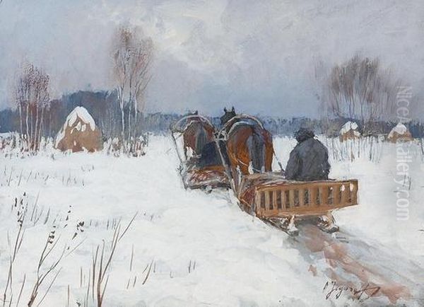 Winterliche Landschaft Mit Pferdeschlitten. - view 1