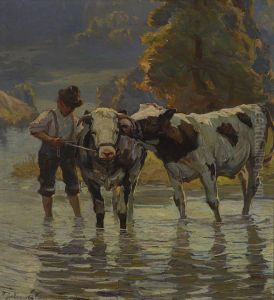 Hutejunge Mit Rindern Am Wasser by Rudolph Jelinek
