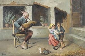 Bauer Mit Dudelsack Und Zwei Tanzenden Kindern. by Rudolph Jelinek