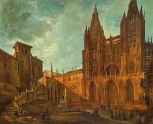 Fachada De La Catedral De Burgos Con La Fuente De Santa Maria by Jenaro Perez Villamil