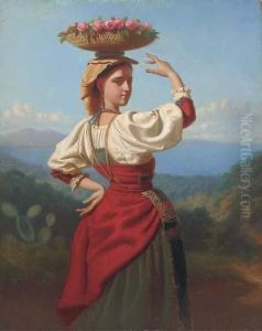 A Young Beauty With A Basket Of Roses On The Amalfi Coast by Jenaro Perez Villamil