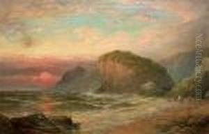 Coastal View With Wreckers At Sunset by George Henry Jenkins