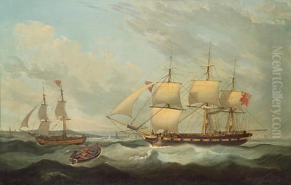 A British Man O' War Offshore With Other Shipping - view 1